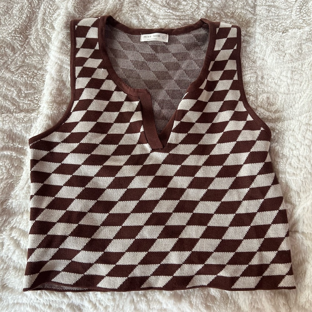 Brown Checkered Crop Tank Top
